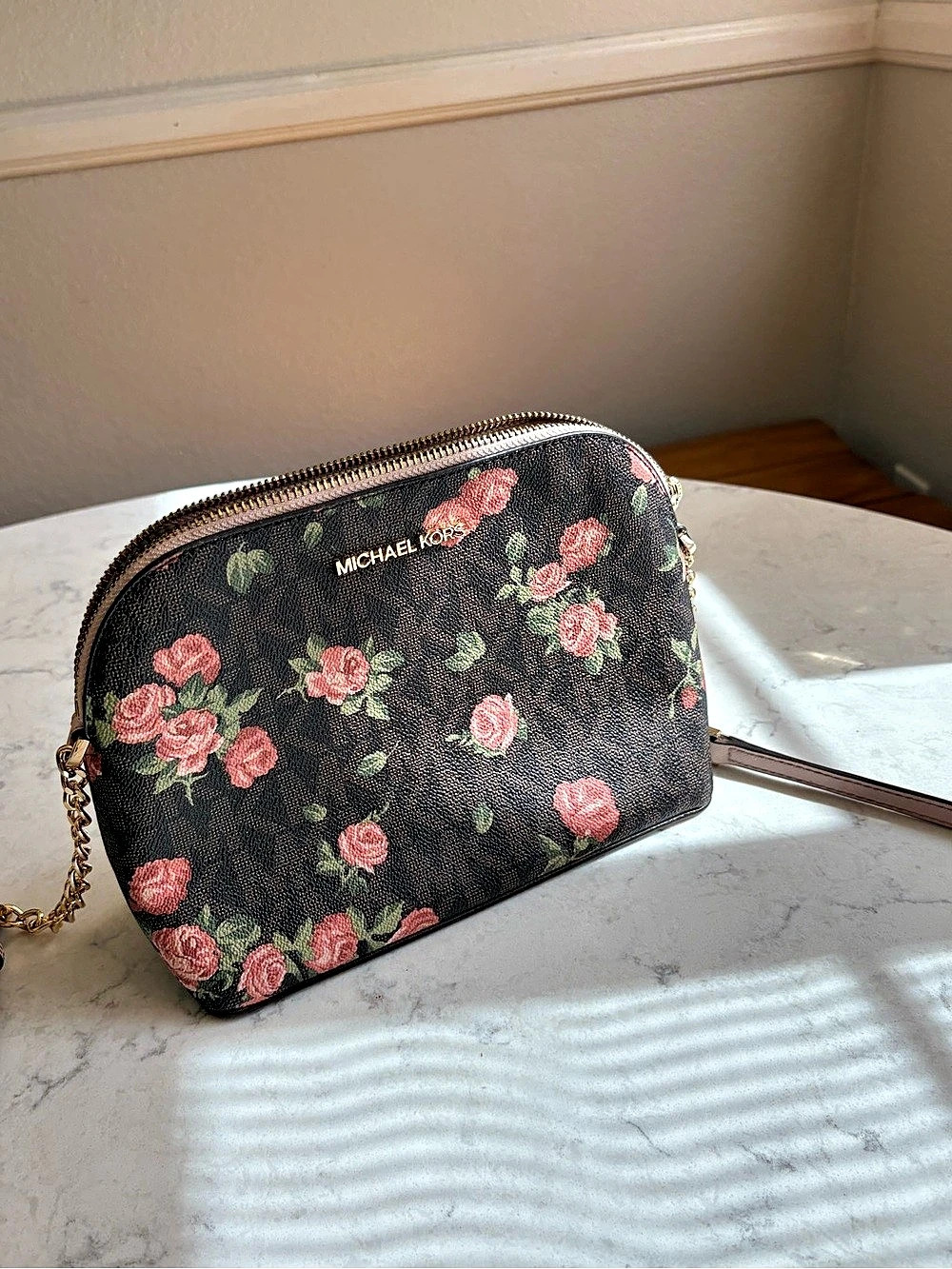 Michael Kors Cindy Dome Crossbody Bag Signature MK Floral MK Floral Black & Pink